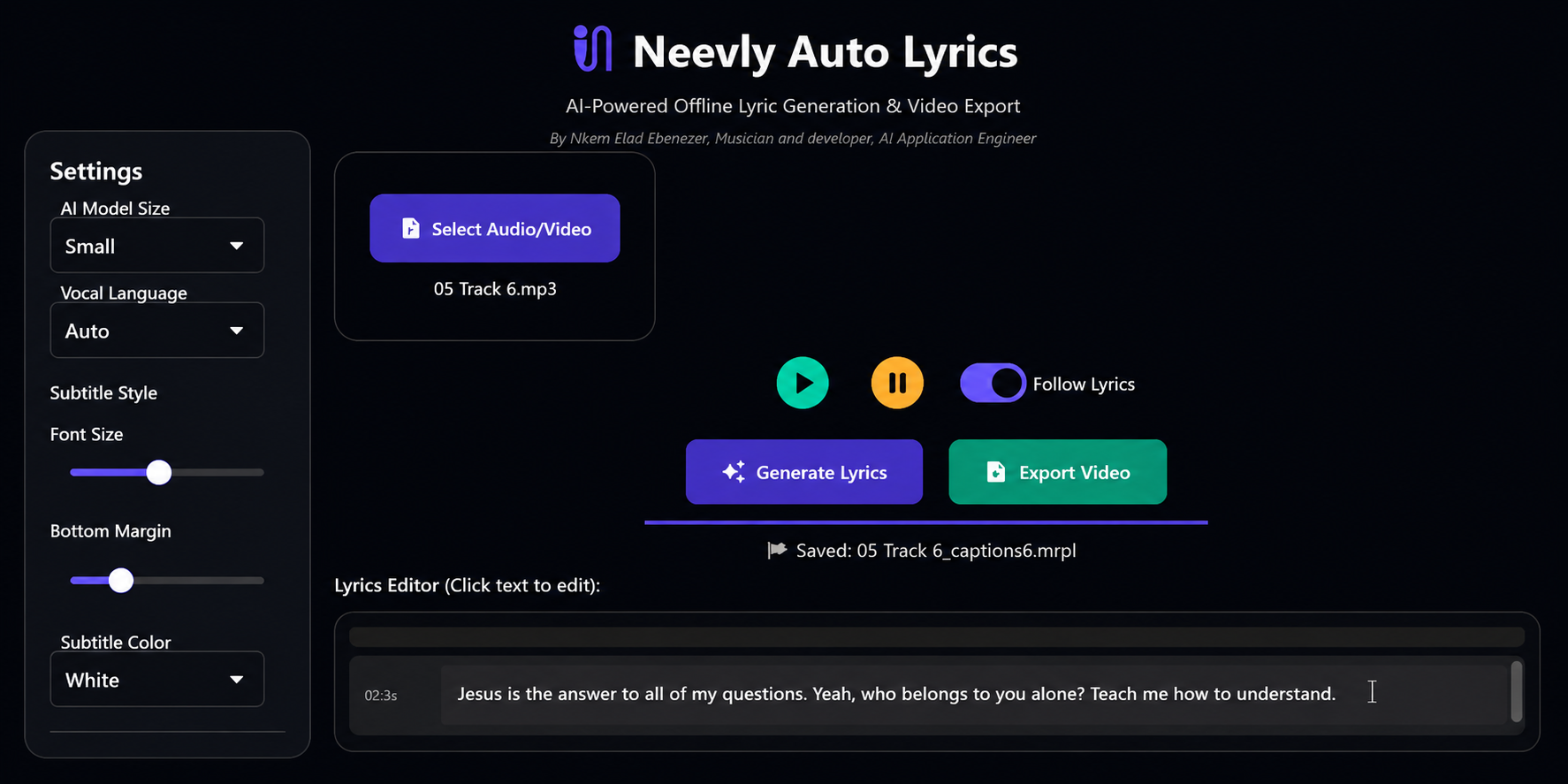 Neevly Auto Lyrics Application Workspace Mockup