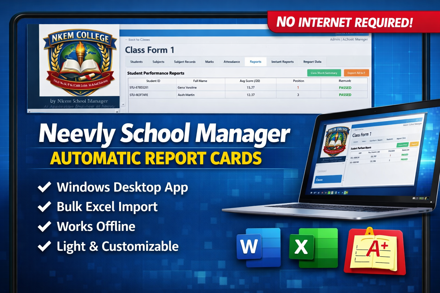 Neevly School Manager gradebook and fee tracker interface